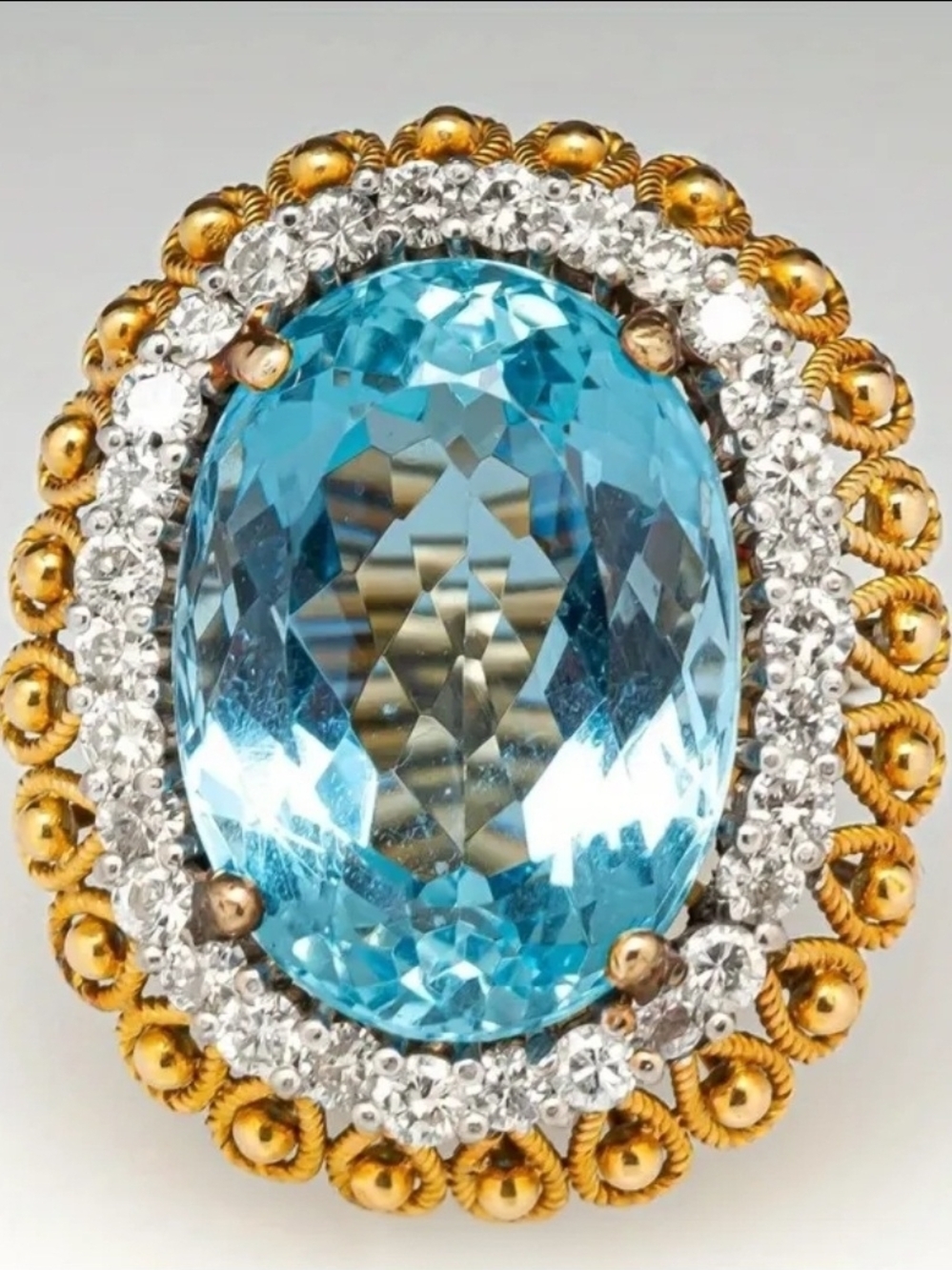 Gold-Tone Ring with Oval Blue Gem and Clear Halo Ring Size 7 - Picture 3 of 4